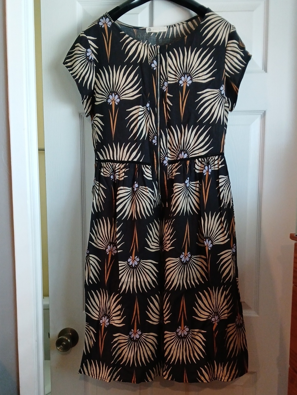 Relished Black Midi Dress with Cream & Tan Botanical Print